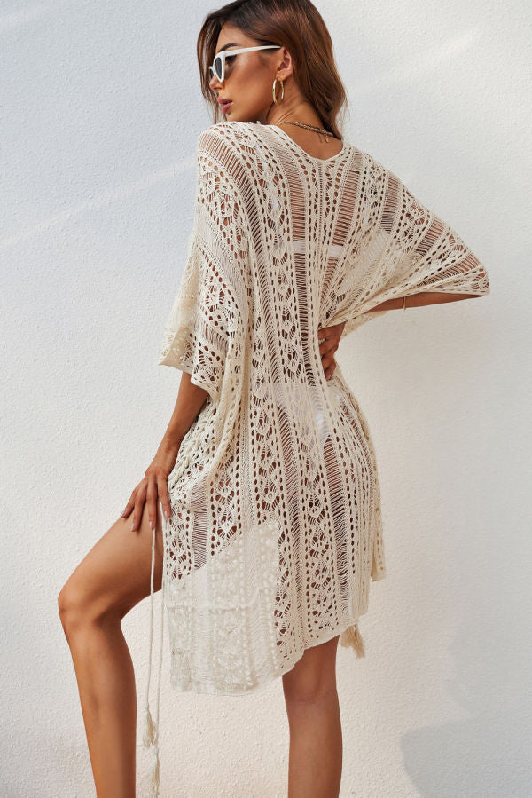Crochet Knitted Tassel Tie Kimono Beachwear