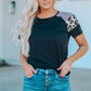 Black Striped Leopard Print Short Sleeve Women T-shirt