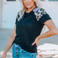Black Striped Leopard Print Short Sleeve Women T-shirt