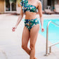 Green Floral Print Ruffled Single Shoulder High Waisted Swimsuit
